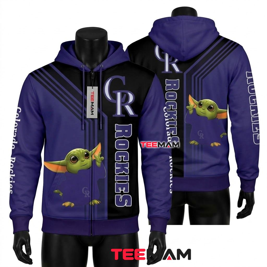 Colorado Rockies All Over Print 3D Hoodie Baby Yoda Pocket Buddy Front