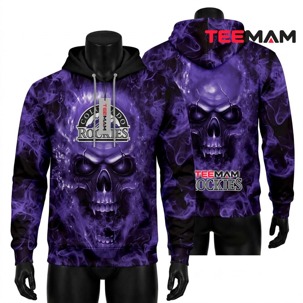 Colorado Rockies All Over Print 3D Hoodie Purple Smoke Skull Front