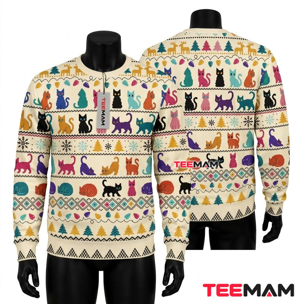 Colorful Cat Ugly Christmas Sweater Reindeer Snowflake Pattern Design Front
