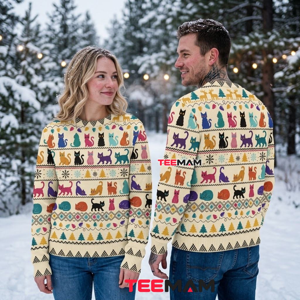 Colorful Cat Ugly Christmas Sweater Reindeer Snowflake Pattern Design Back Colorful Cat Ugly Christmas Sweater Reindeer Snowflake Pattern Design Back