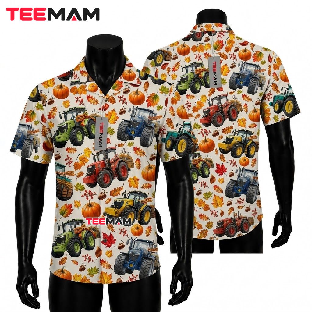 Colorful Farm Tractor Hawaiian Shirt Autumn Pumpkin Leaves Front