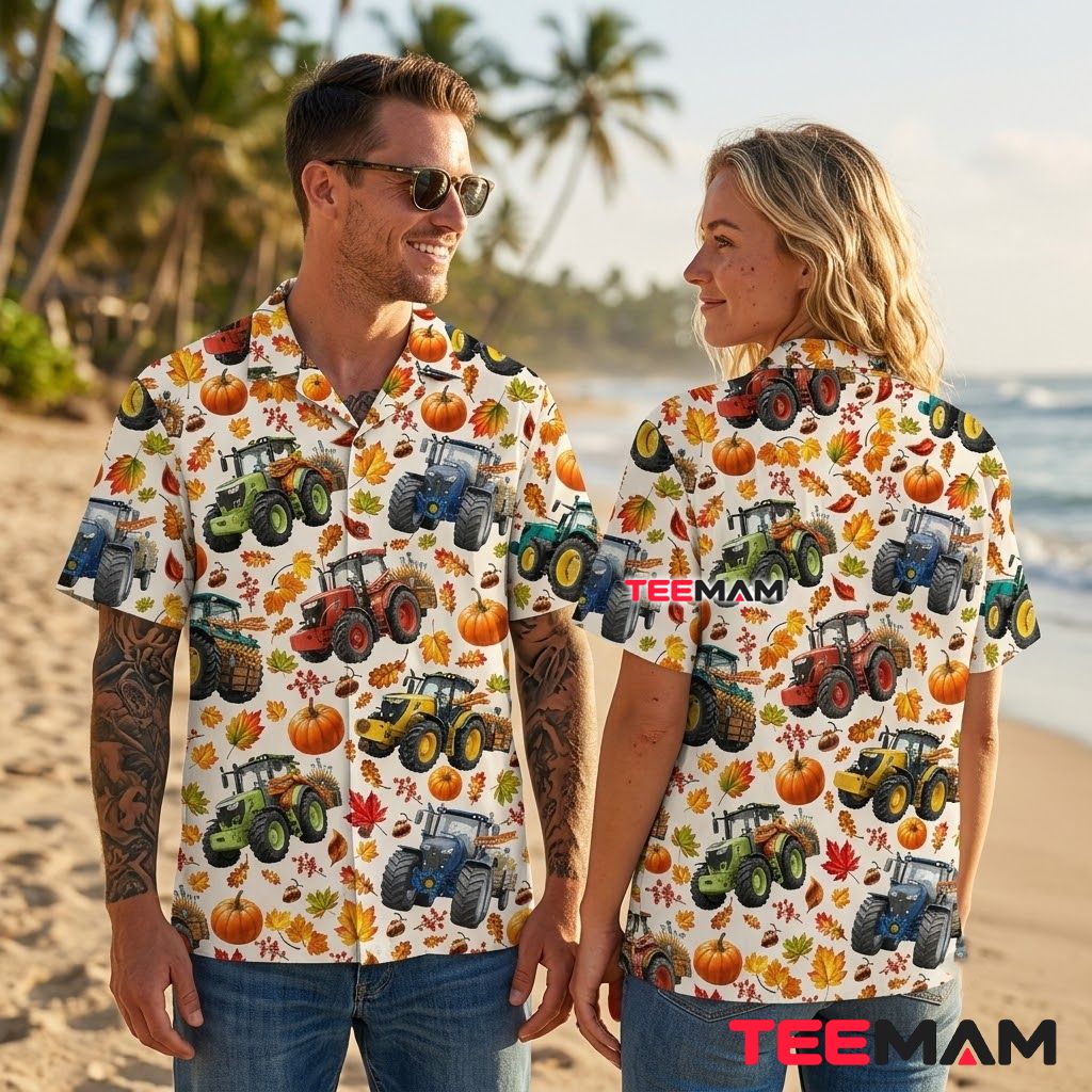 Colorful Farm Tractor Hawaiian Shirt Autumn Pumpkin Leaves Back Colorful Farm Tractor Hawaiian Shirt Autumn Pumpkin Leaves Back