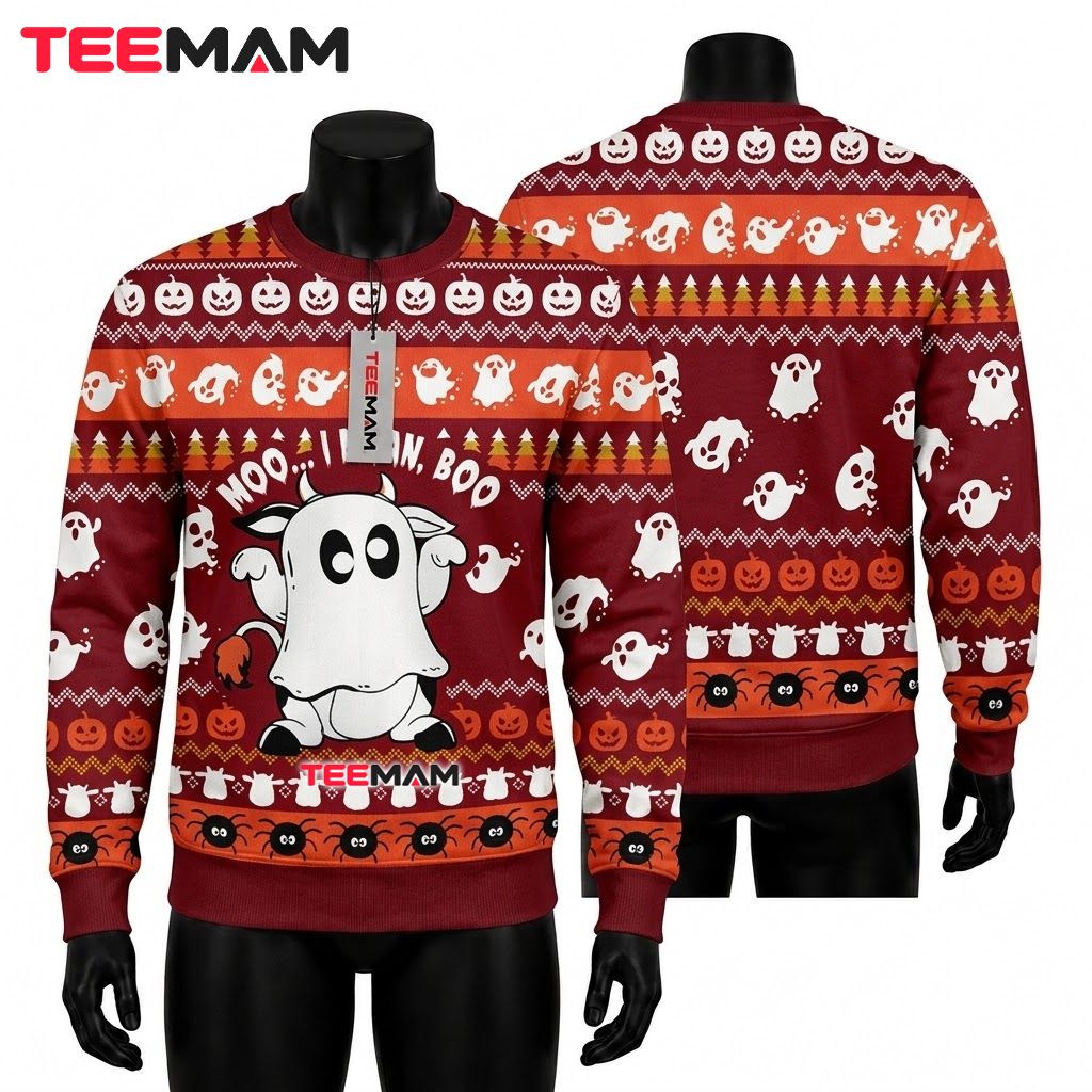 Cow Ugly Halloween Sweater Moo I Mean Boo Ghost Front