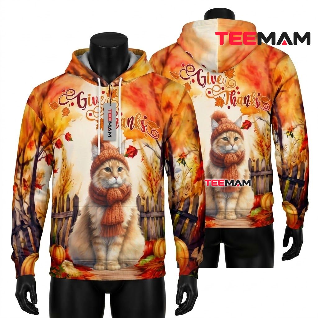 Cozy Cat Thanksgiving 3D Hoodie Give Thanks Front