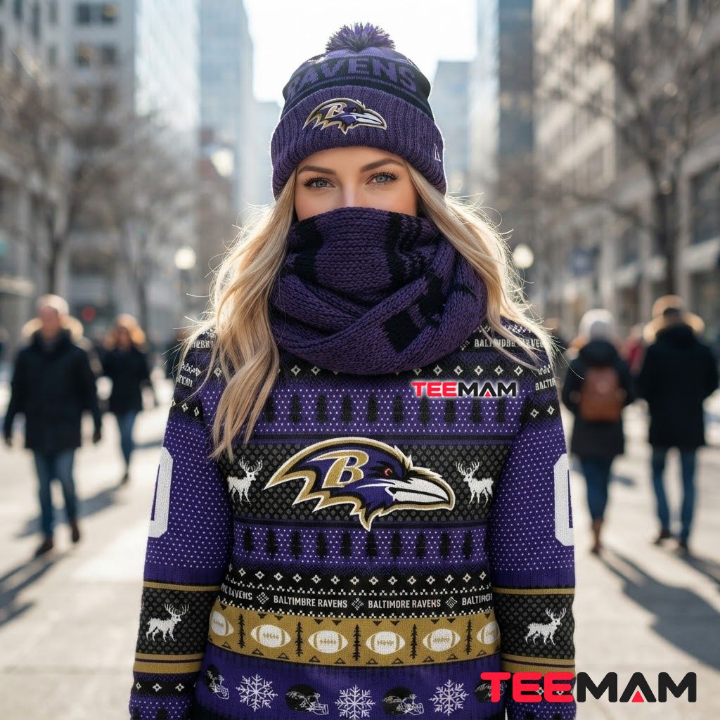 Custom Name Baltimore Ravens Ugly Christmas Sweater Reindeer Football Design Back Custom Name Baltimore Ravens Ugly Christmas Sweater Reindeer Football Design Back