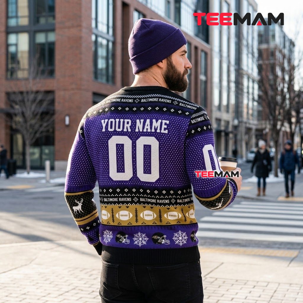 Custom Name Baltimore Ravens Ugly Christmas Sweater Reindeer Football Design Version 3 Custom Name Baltimore Ravens Ugly Christmas Sweater Reindeer Football Design Version 3