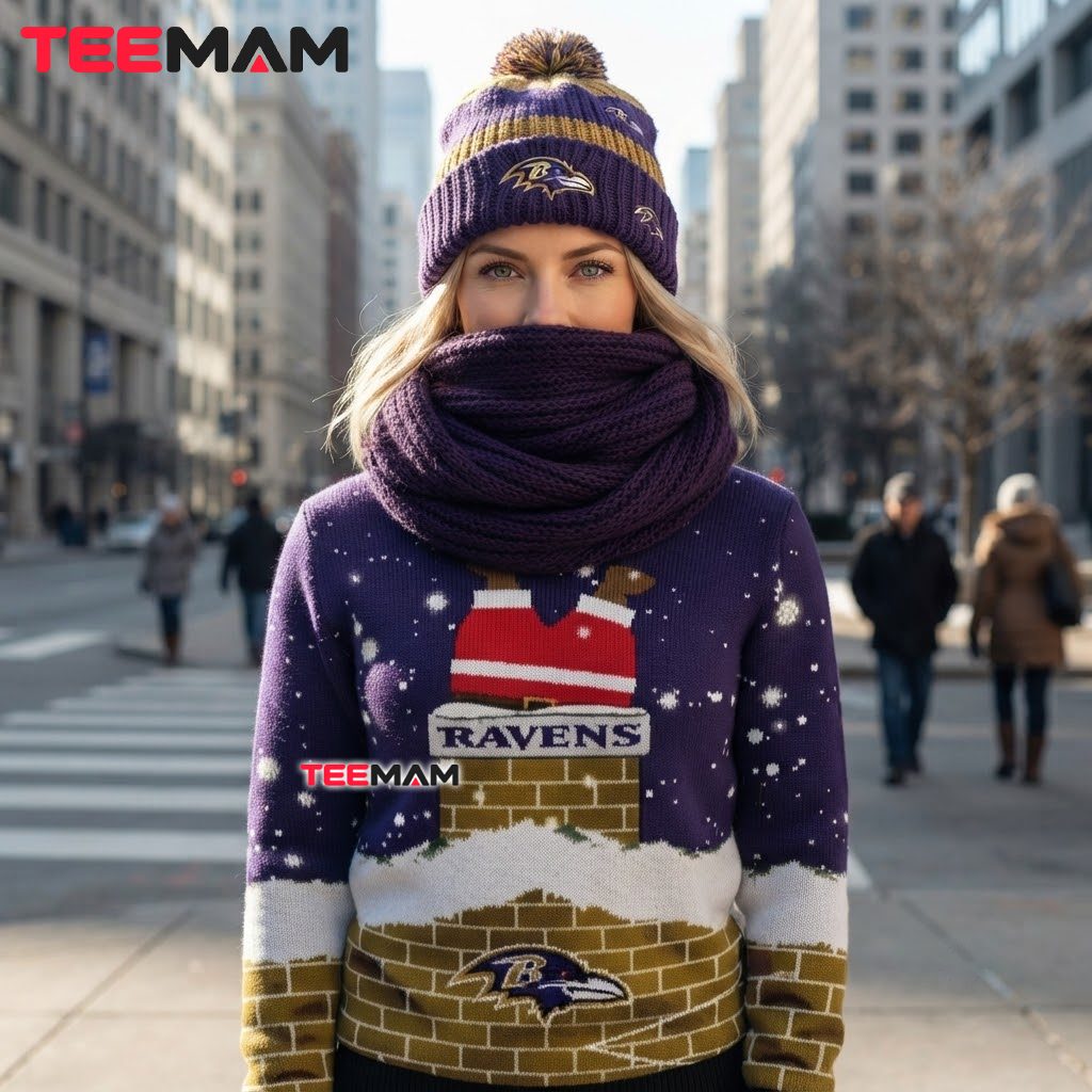 Custom Name Baltimore Ravens Ugly Christmas Sweater Santa Chimney Design Back Custom Name Baltimore Ravens Ugly Christmas Sweater Santa Chimney Design Back