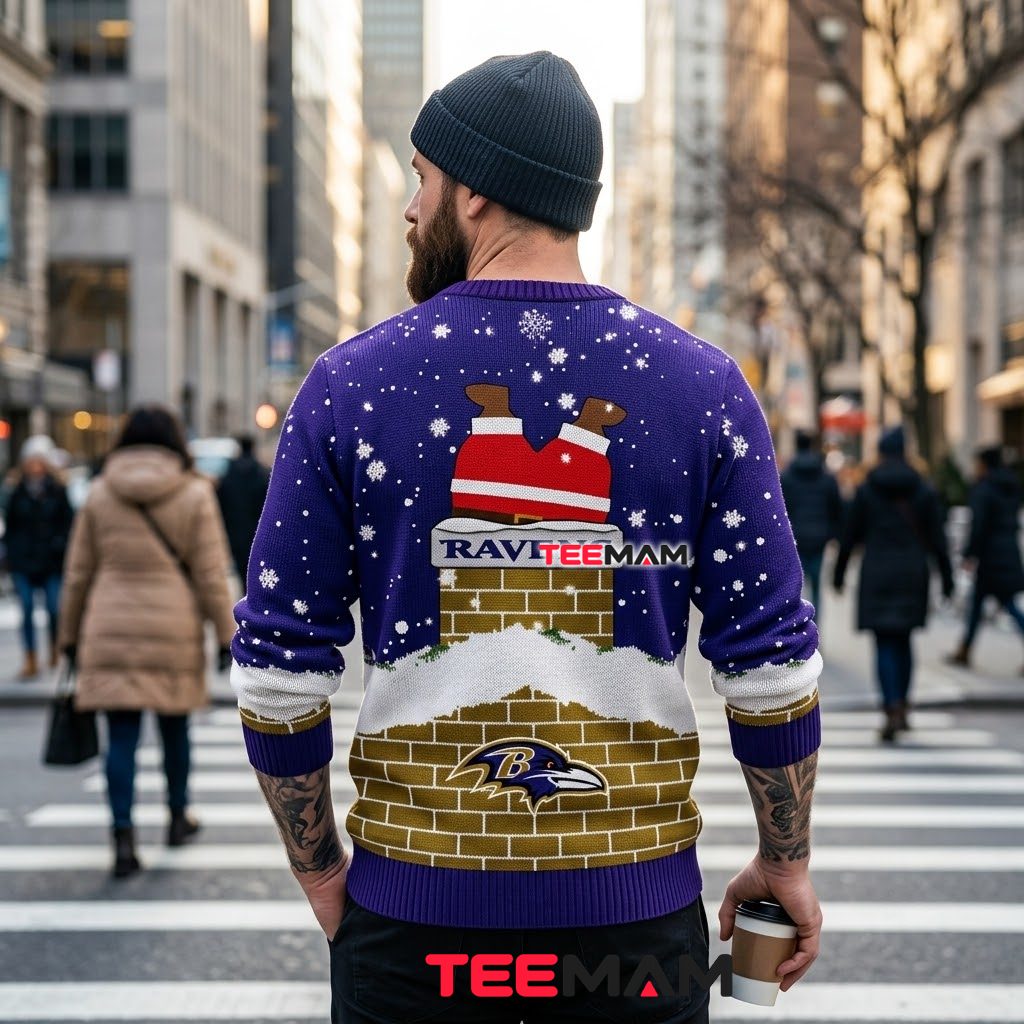 Custom Name Baltimore Ravens Ugly Christmas Sweater Santa Chimney Design Version 3 Custom Name Baltimore Ravens Ugly Christmas Sweater Santa Chimney Design Version 3