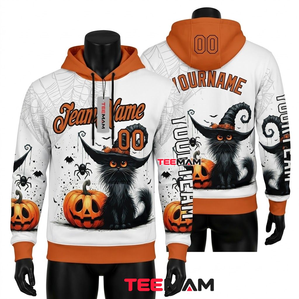 Custom Name Black Cat Witch Halloween 3D Hoodie Front