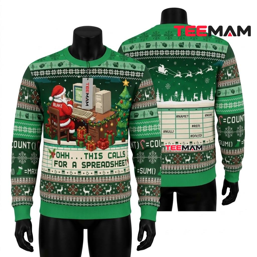 Custom Name Excel Santa Ugly Christmas Sweater Spreadsheet Joke Front