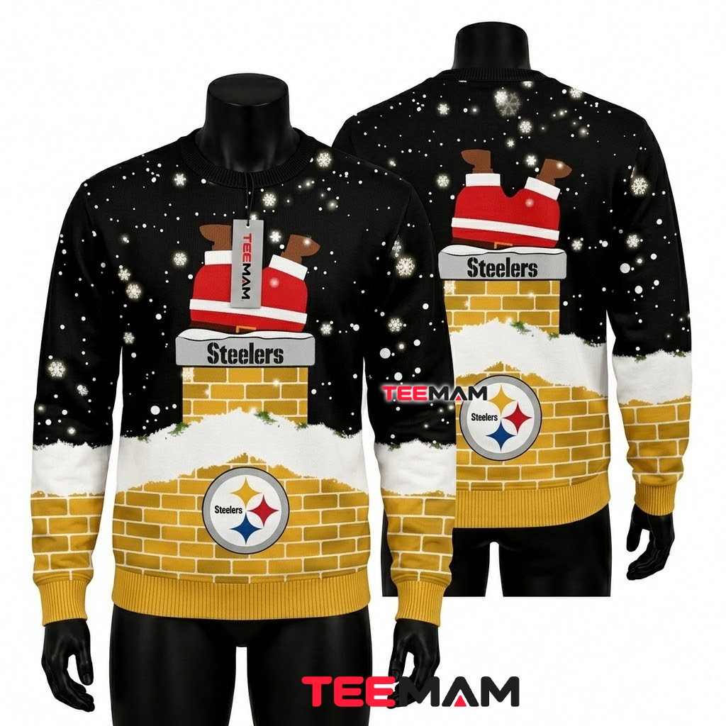 Custom Name Pittsburgh Steelers Ugly Christmas Sweater Santa Chimney Design Front