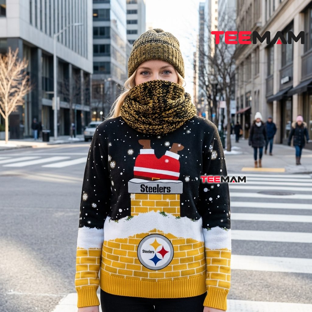 Custom Name Pittsburgh Steelers Ugly Christmas Sweater Santa Chimney Design Back Custom Name Pittsburgh Steelers Ugly Christmas Sweater Santa Chimney Design Back