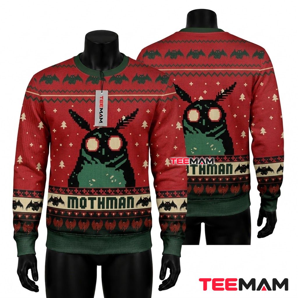 Custom Name Ugly Halloween Sweater Mothman Pixel Art Red Front
