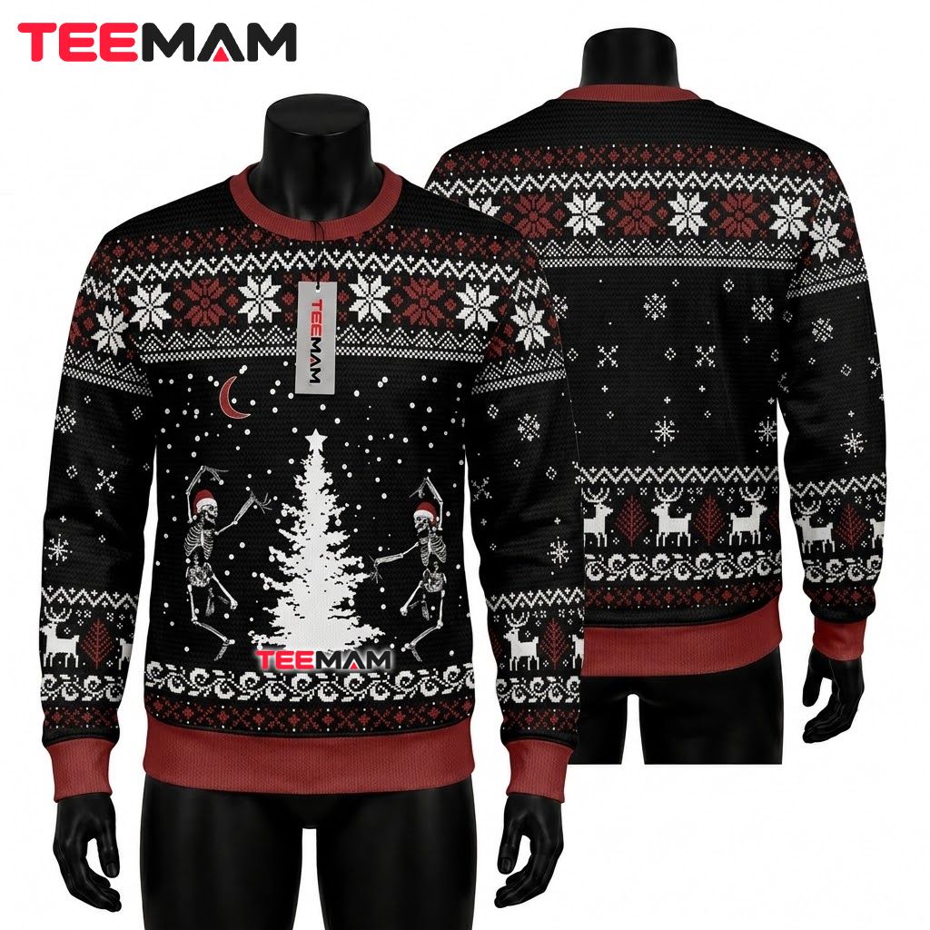 Custom Name Ugly Halloween Sweater Skeleton Dancing Christmas Tree Front