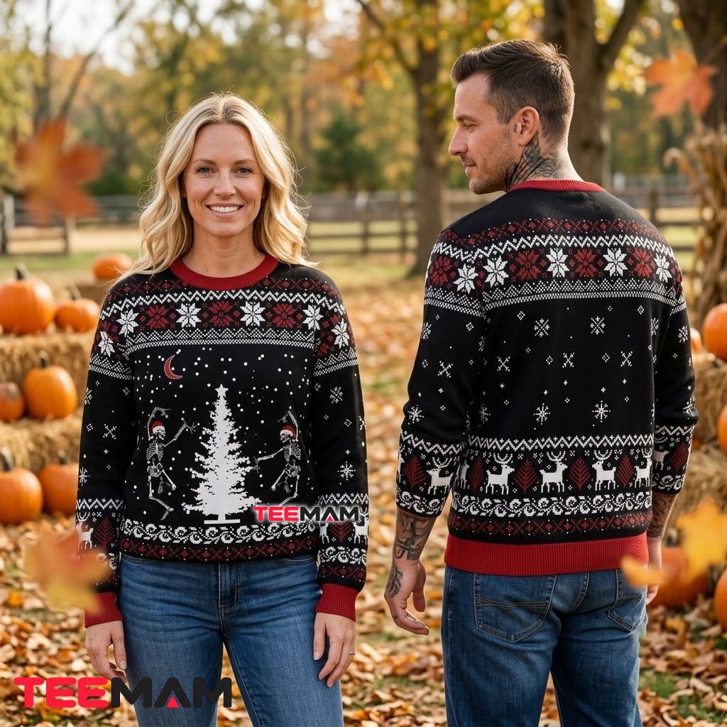 Custom Name Ugly Halloween Sweater Skeleton Dancing Christmas Tree Back Custom Name Ugly Halloween Sweater Skeleton Dancing Christmas Tree Back