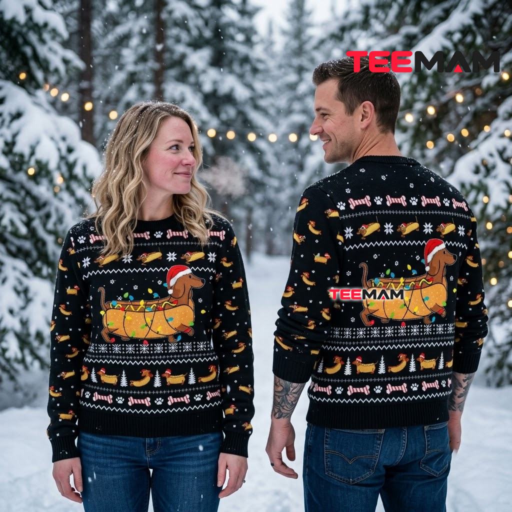 Dachshund Ugly Christmas Sweater Santa Hat Light String Design Back Dachshund Ugly Christmas Sweater Santa Hat Light String Design Back
