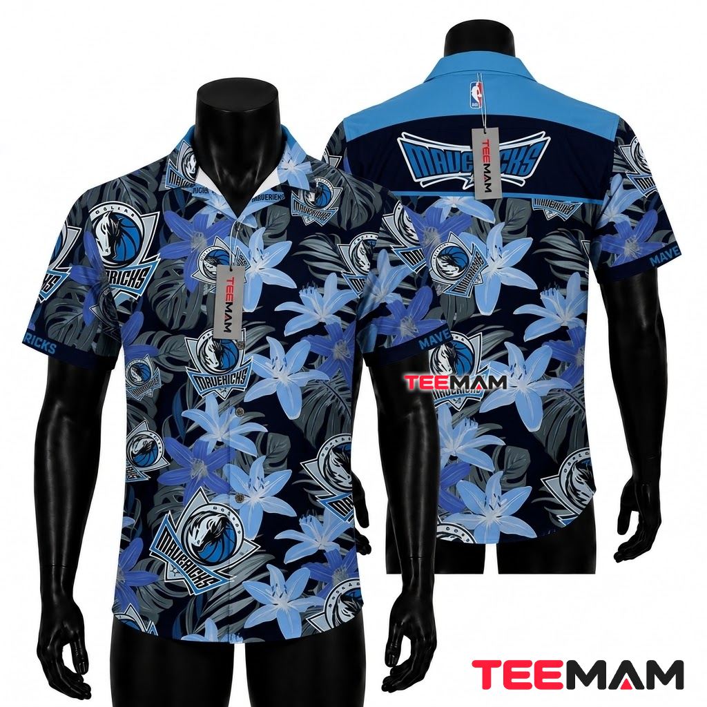 Dallas Mavericks Aloha Shirt Blue Lily Monstera Leaf Front
