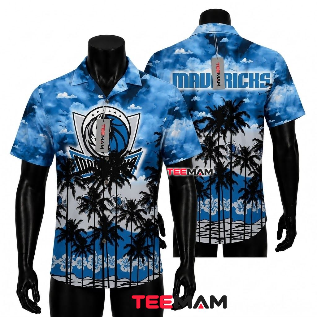 Dallas Mavericks Aloha Shirt Palm Tree Cloudy Sky Silhouette Front