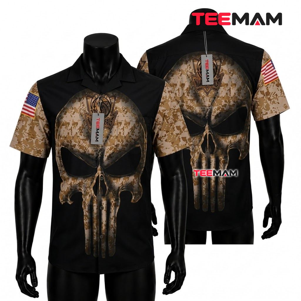 Dallas Mavericks Button Up Shirt Camo Skull American Flag Front