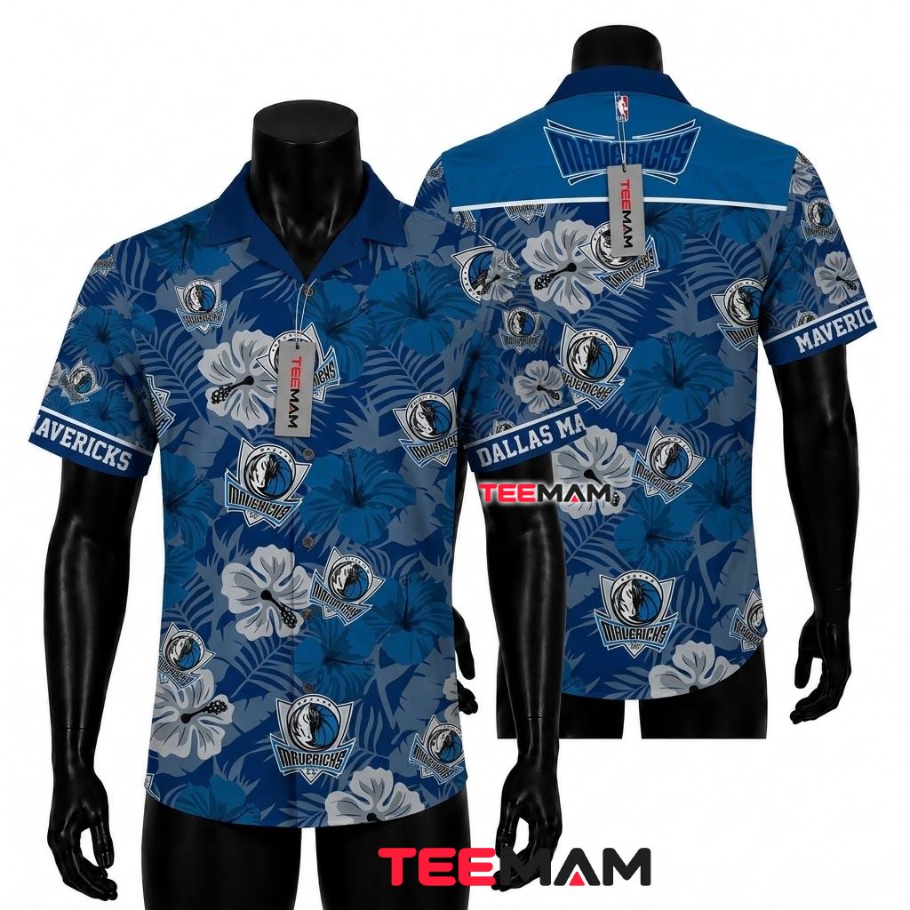 Dallas Mavericks Hawaiian Shirt Blue Hibiscus Floral Front