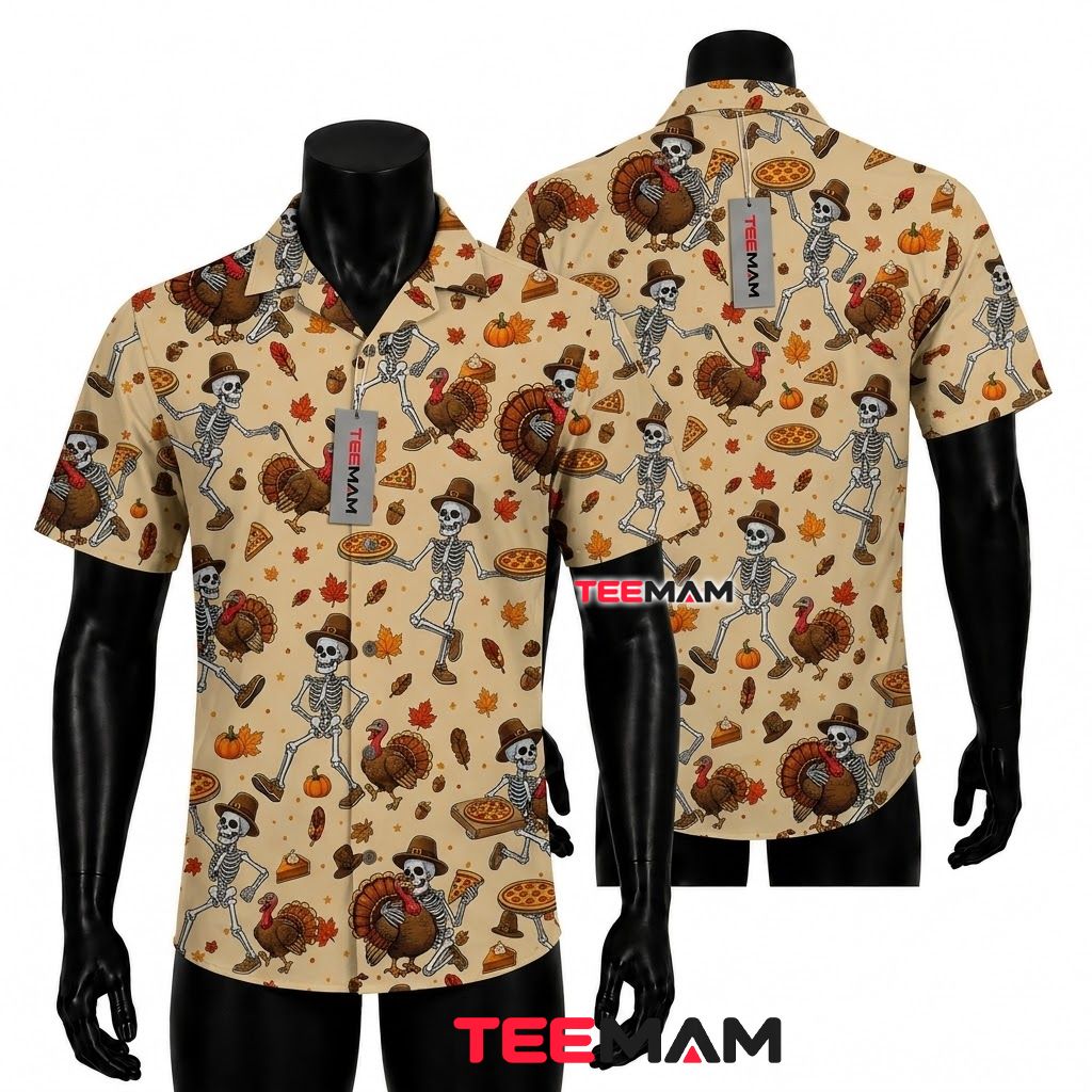 Dancing Skeleton Thanksgiving Hawaiian Shirt Turkey Pilgrim Hat Front