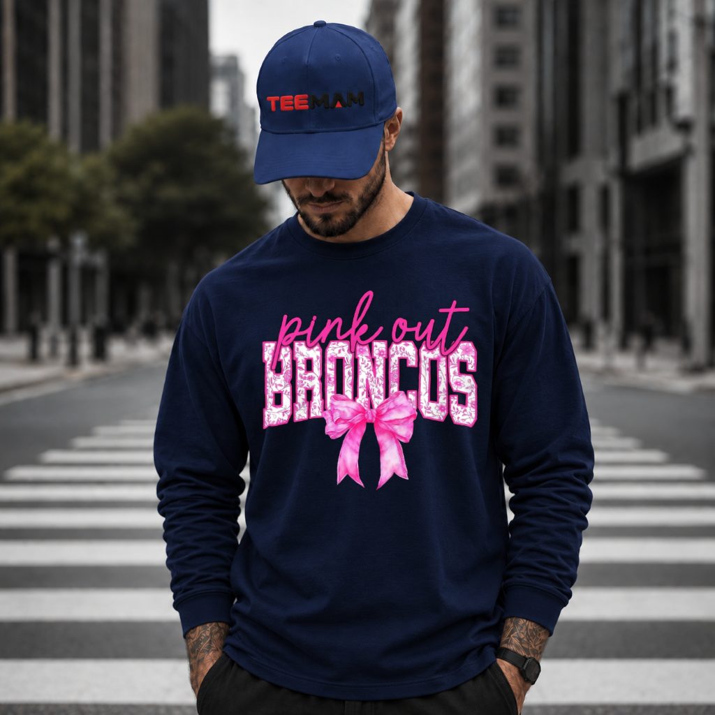 Denver Broncos Breast Cancer Pink Out Floral Bow Long Sleeve Denver Broncos Breast Cancer Pink Out Floral Bow Long Sleeve