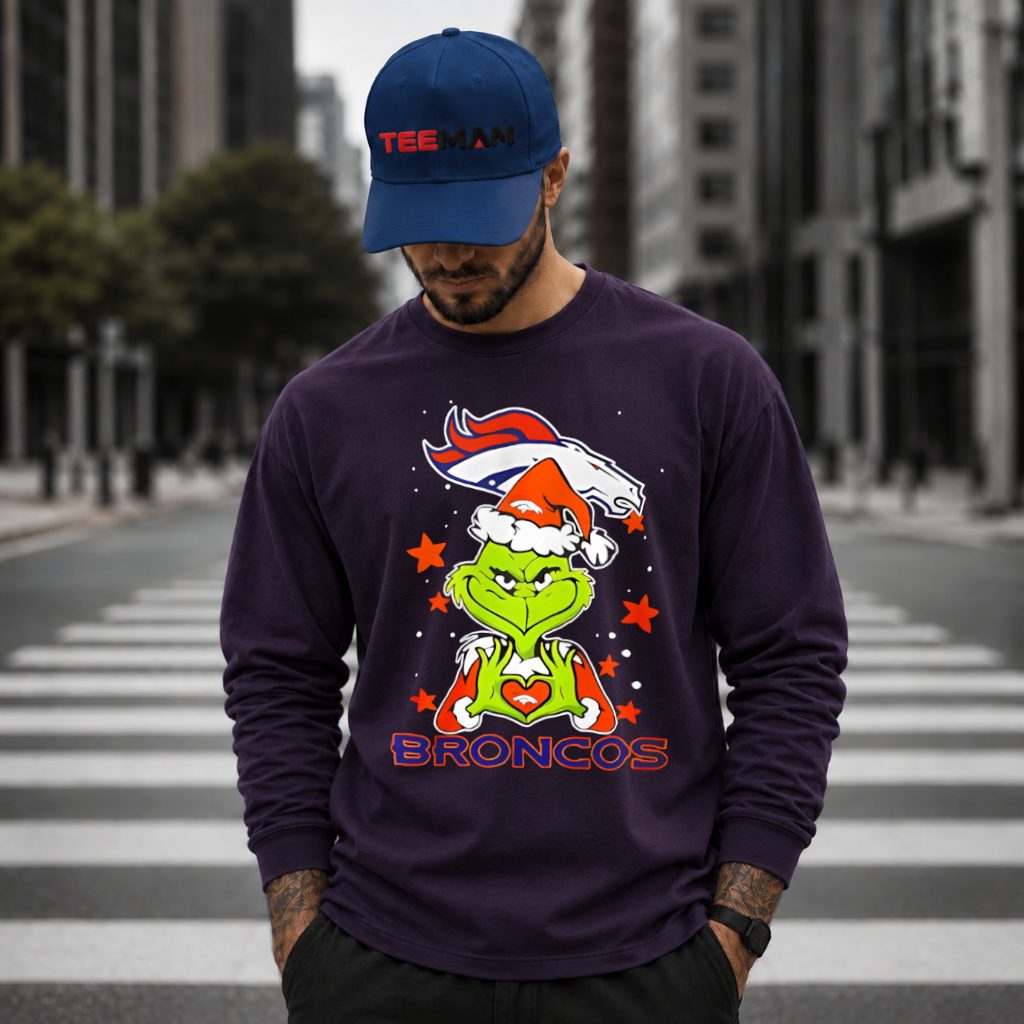 Denver Broncos Grinch Santa Heart Long Sleeve Denver Broncos Grinch Santa Heart Long Sleeve