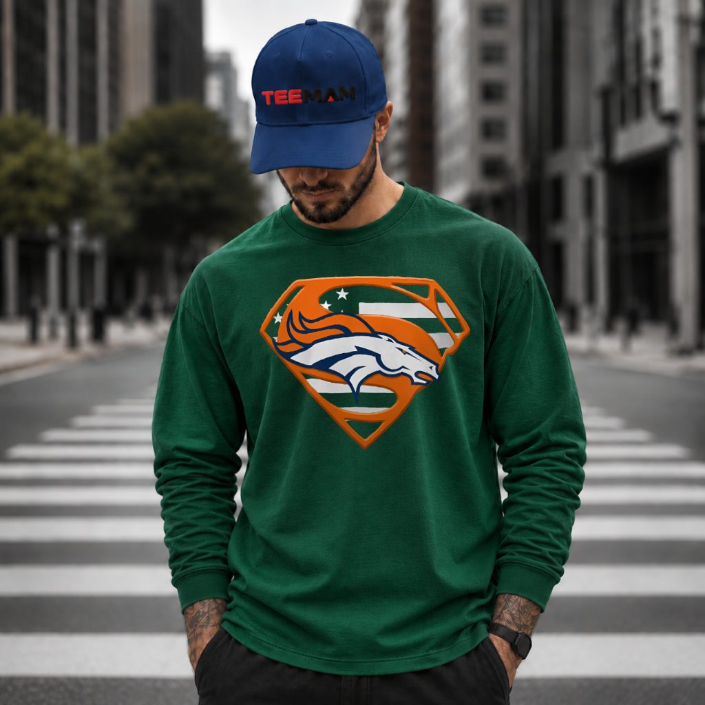 Denver Broncos Superman Flag Shield Long Sleeve Denver Broncos Superman Flag Shield Long Sleeve
