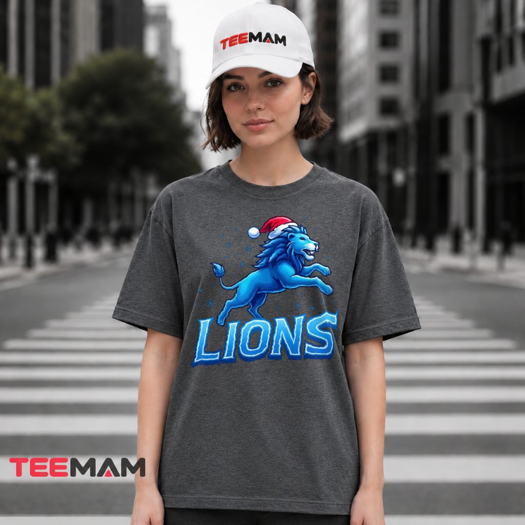 Detroit Lions Christmas Mascot Santa Hat T-Shirt