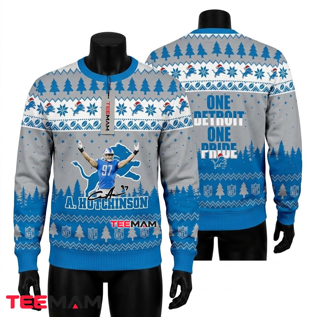 Detroit Lions Ugly Christmas Sweater Aidan Hutchinson One Detroit One Pride Front