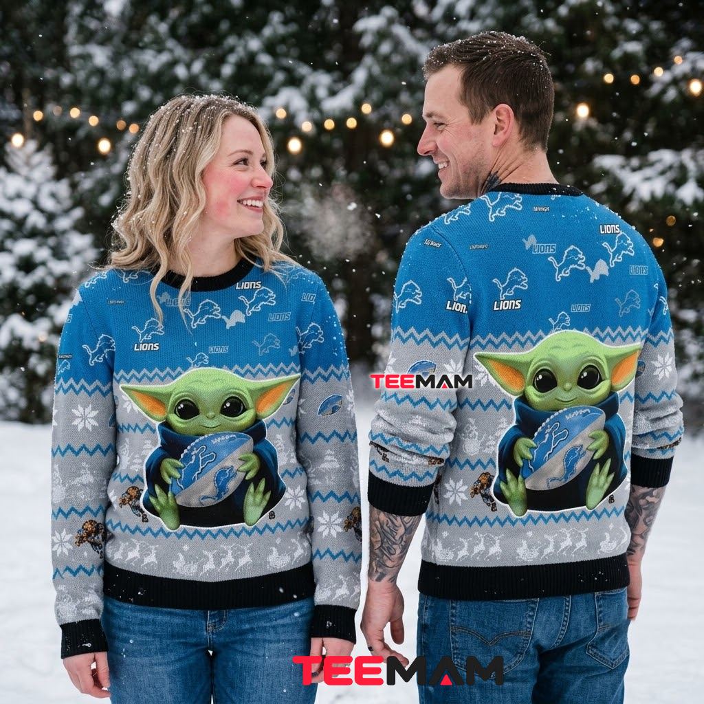 Detroit Lions Ugly Christmas Sweater Baby Yoda Football