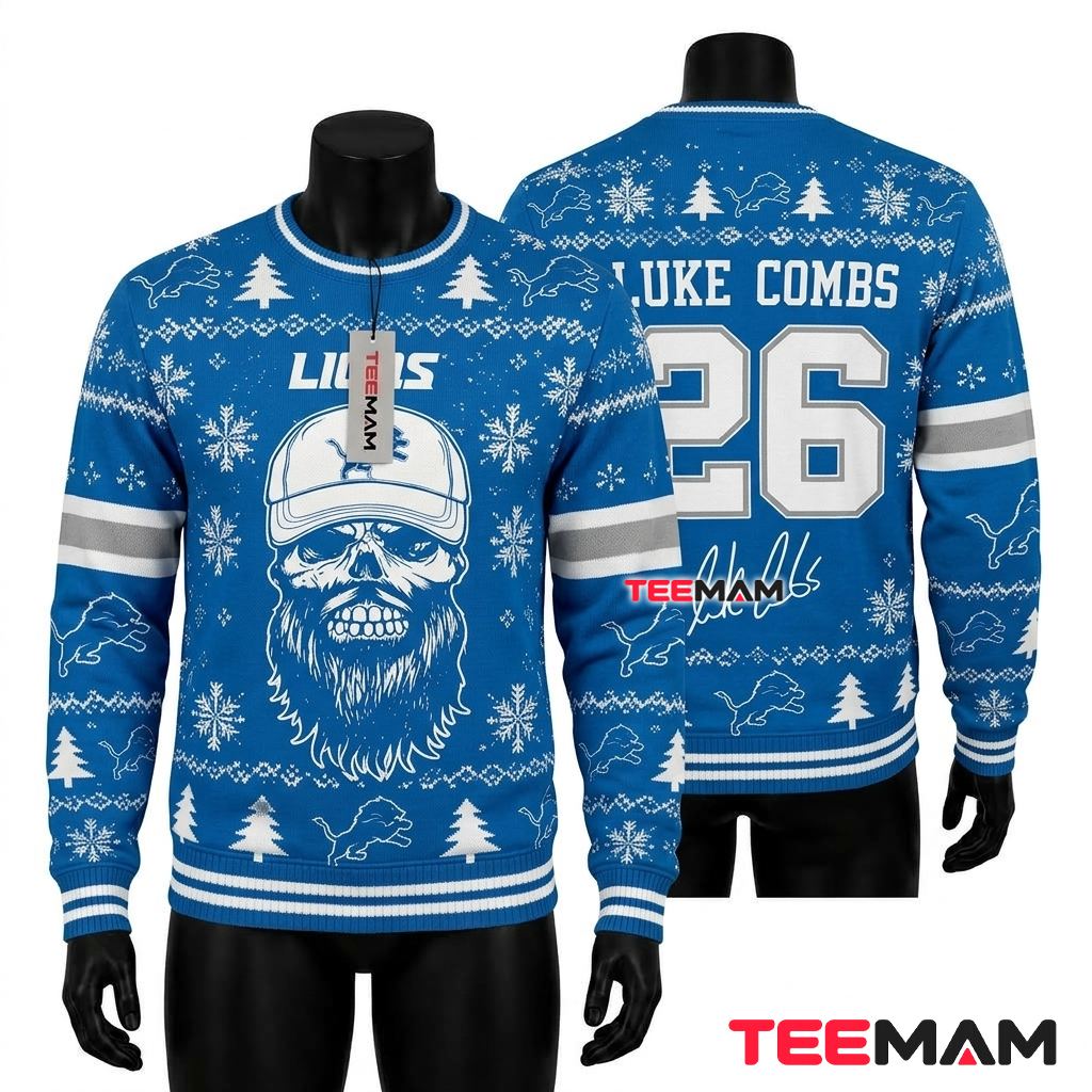 Detroit Lions Ugly Christmas Sweater Bearded Skull Cap Luke Combs Front