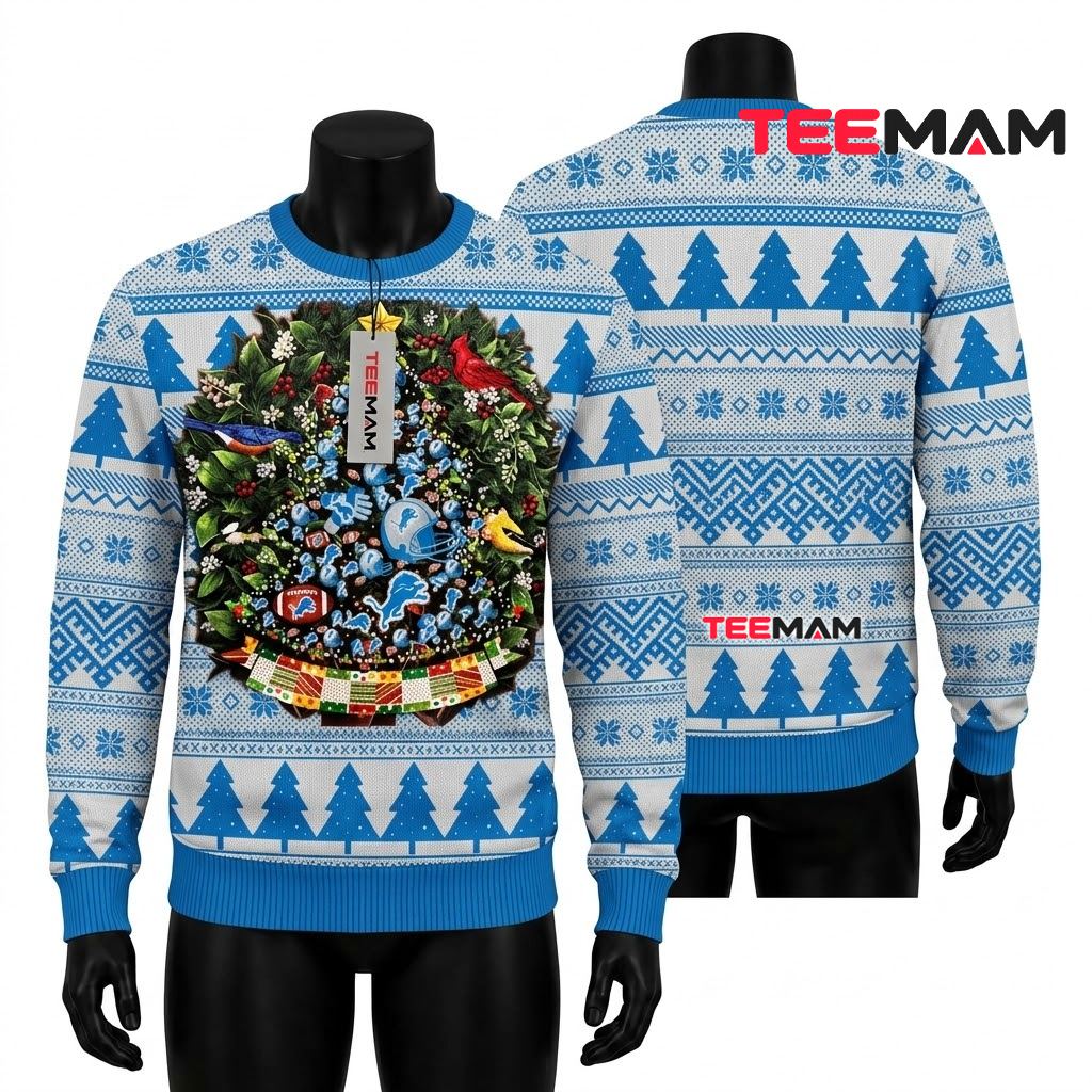 Detroit Lions Ugly Christmas Sweater Christmas Tree Wreath Lion Logo Football Front
