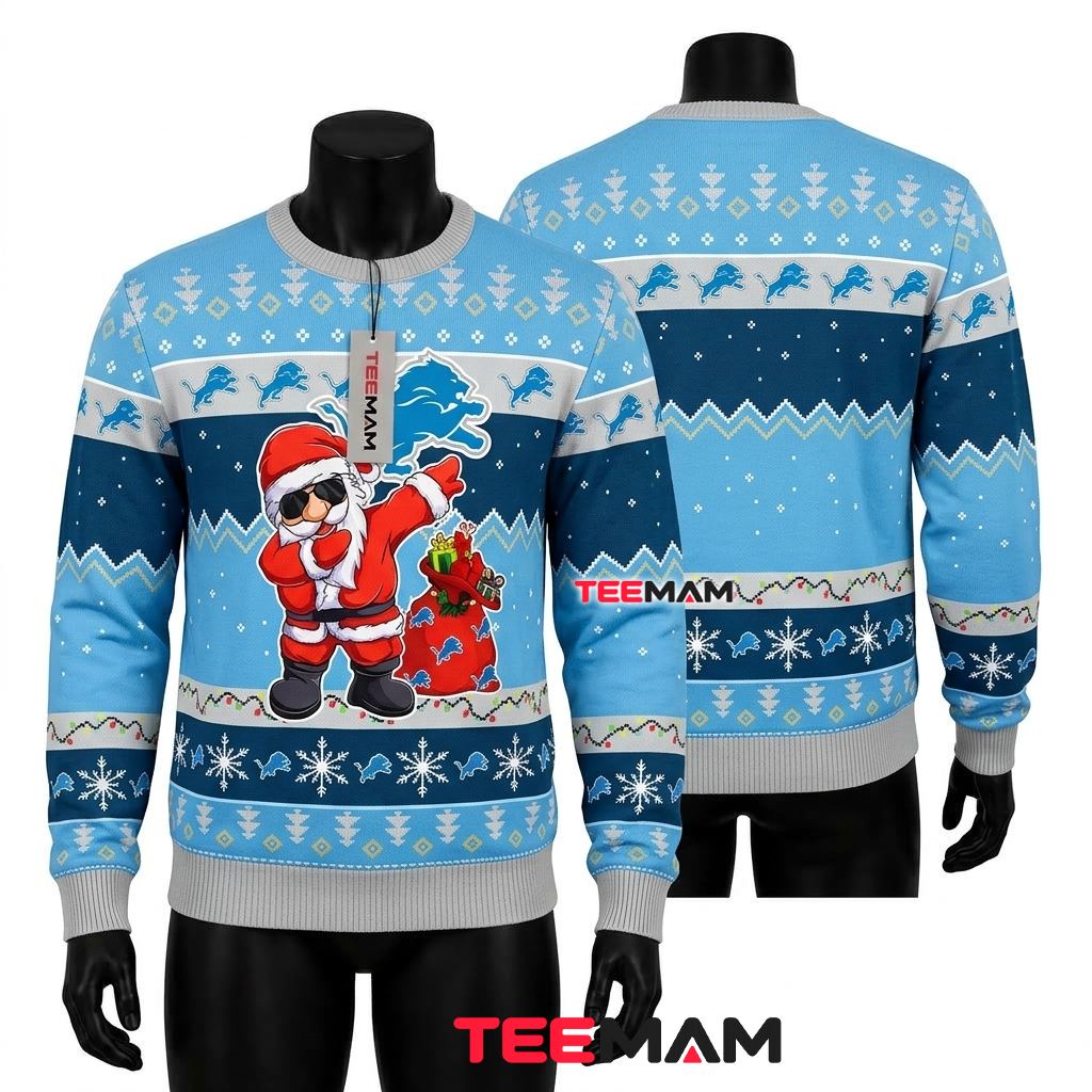 Detroit Lions Ugly Christmas Sweater Dabbing Santa Claus Front