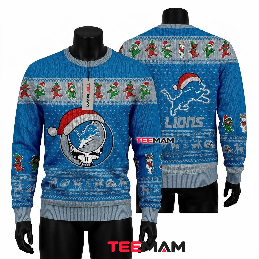 Detroit Lions Ugly Christmas Sweater Grateful Dead Skull Santa Hat Front