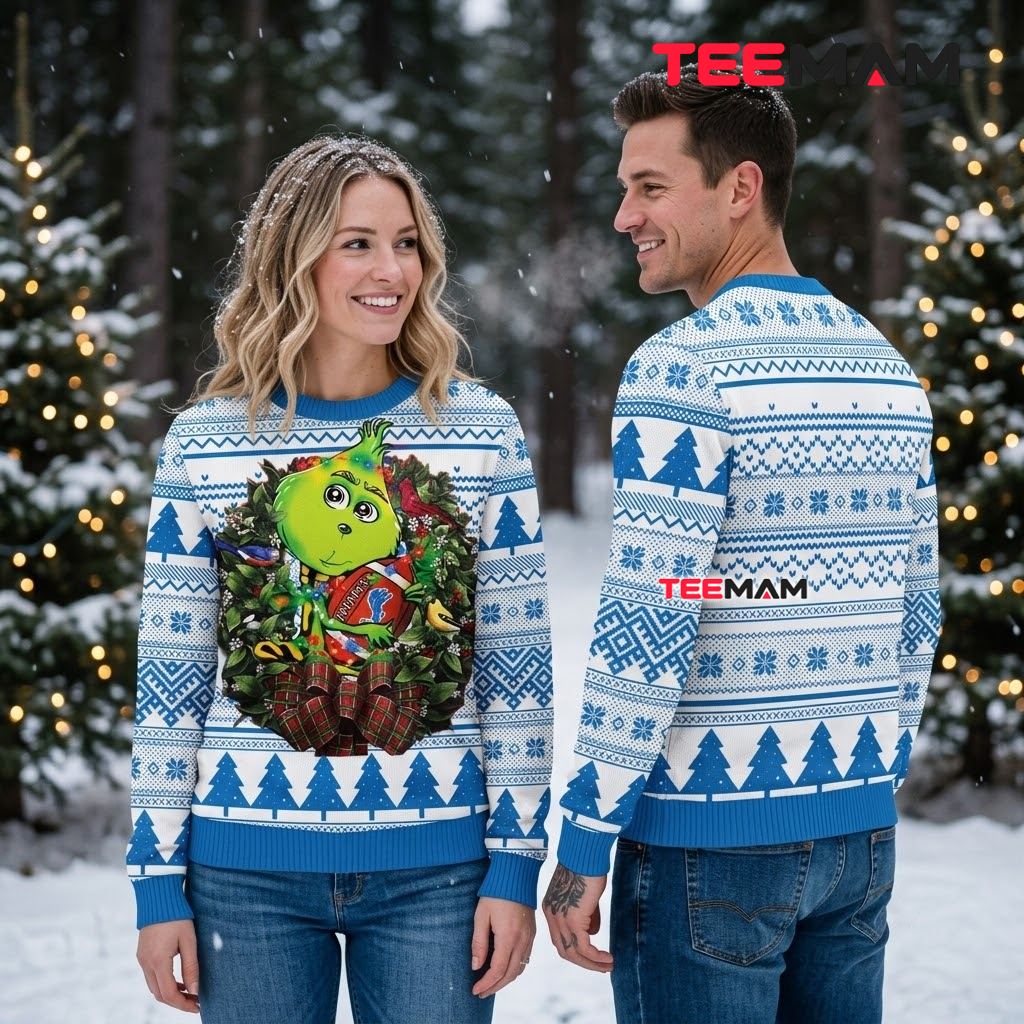 Detroit Lions Ugly Christmas Sweater Grinch Football Wreath