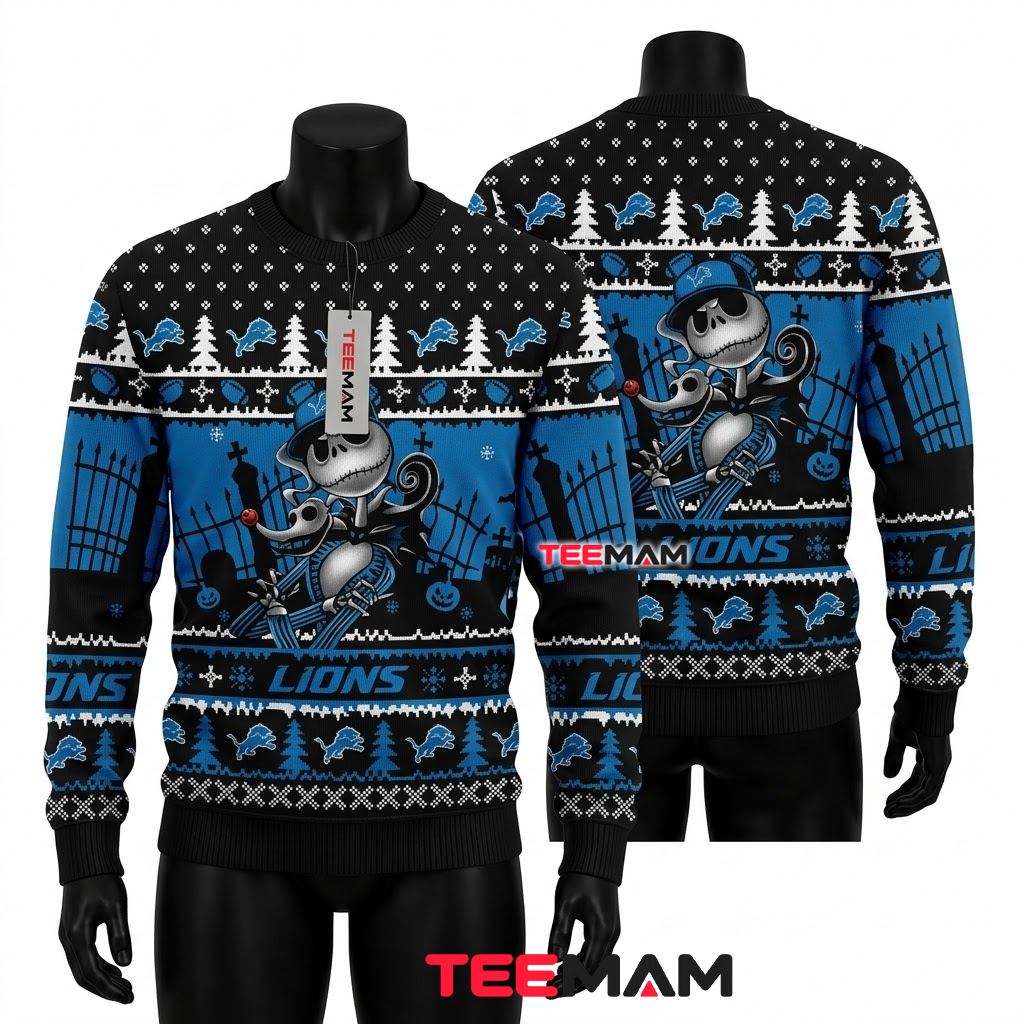 Detroit Lions Ugly Christmas Sweater Jack Skellington Zero Graveyard Front