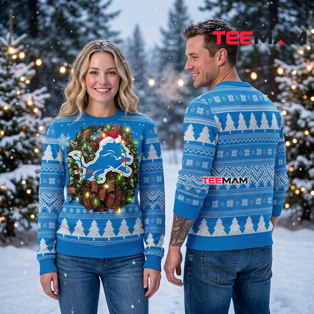 Detroit Lions Ugly Christmas Sweater Lion Logo Christmas Wreath Lights