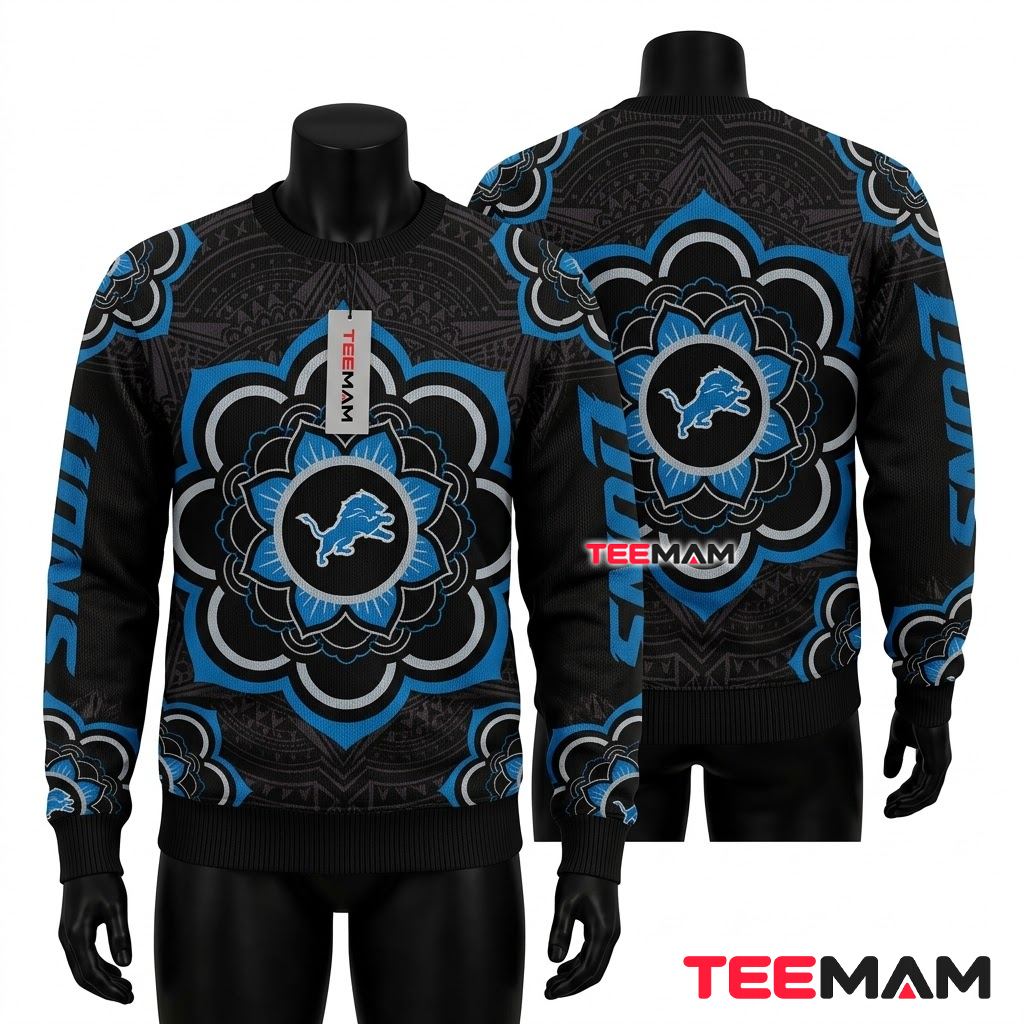 Detroit Lions Ugly Christmas Sweater Lion Logo Mandala Black Front