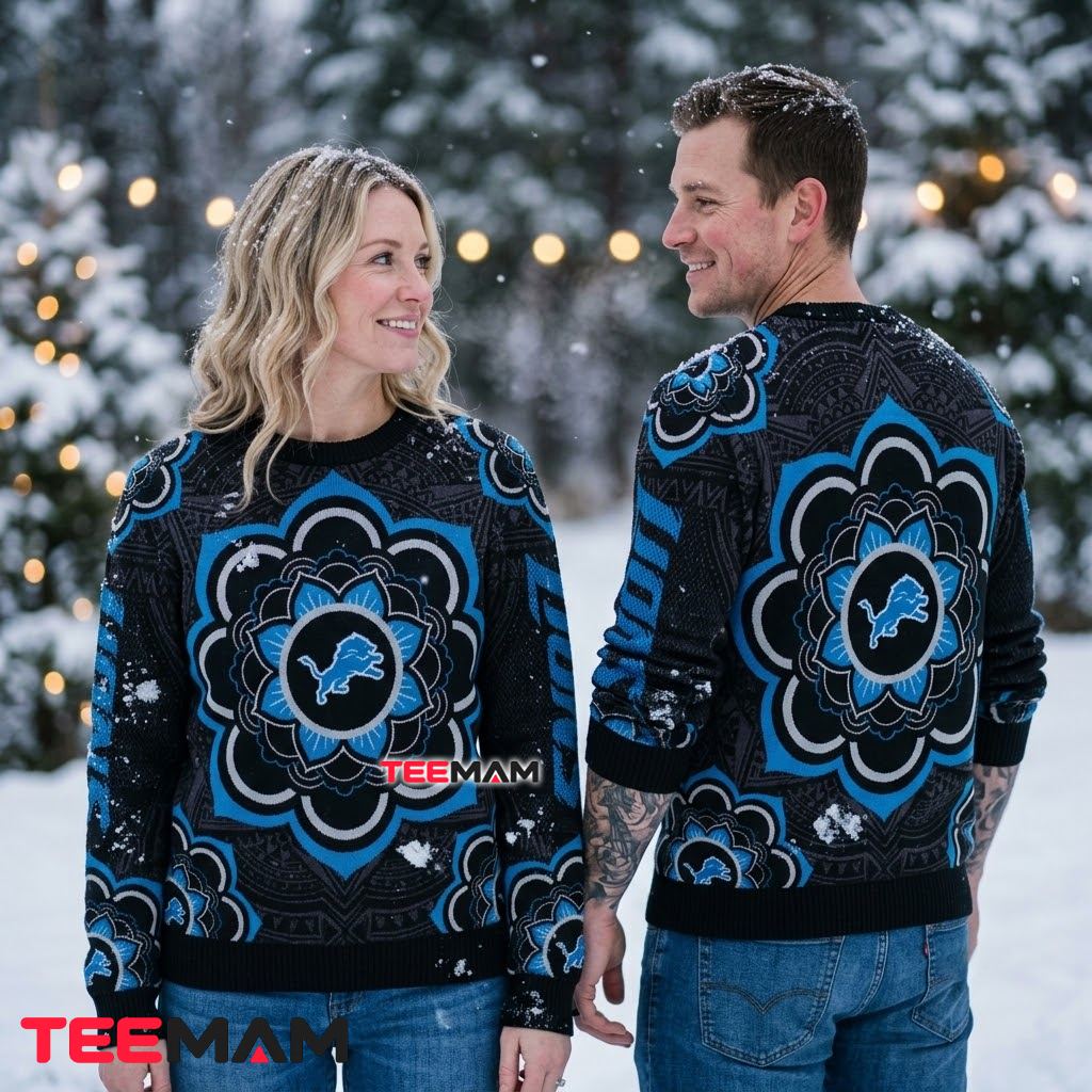 Detroit Lions Ugly Christmas Sweater Lion Logo Mandala Black Back Detroit Lions Ugly Christmas Sweater Lion Logo Mandala Black Back