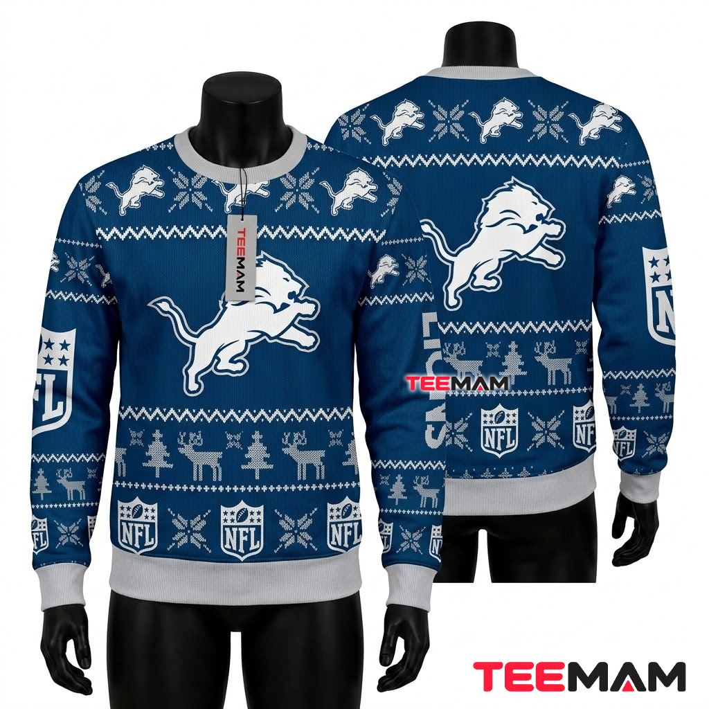 Detroit Lions Ugly Christmas Sweater Lion Logo Reindeer NFL Shield Front