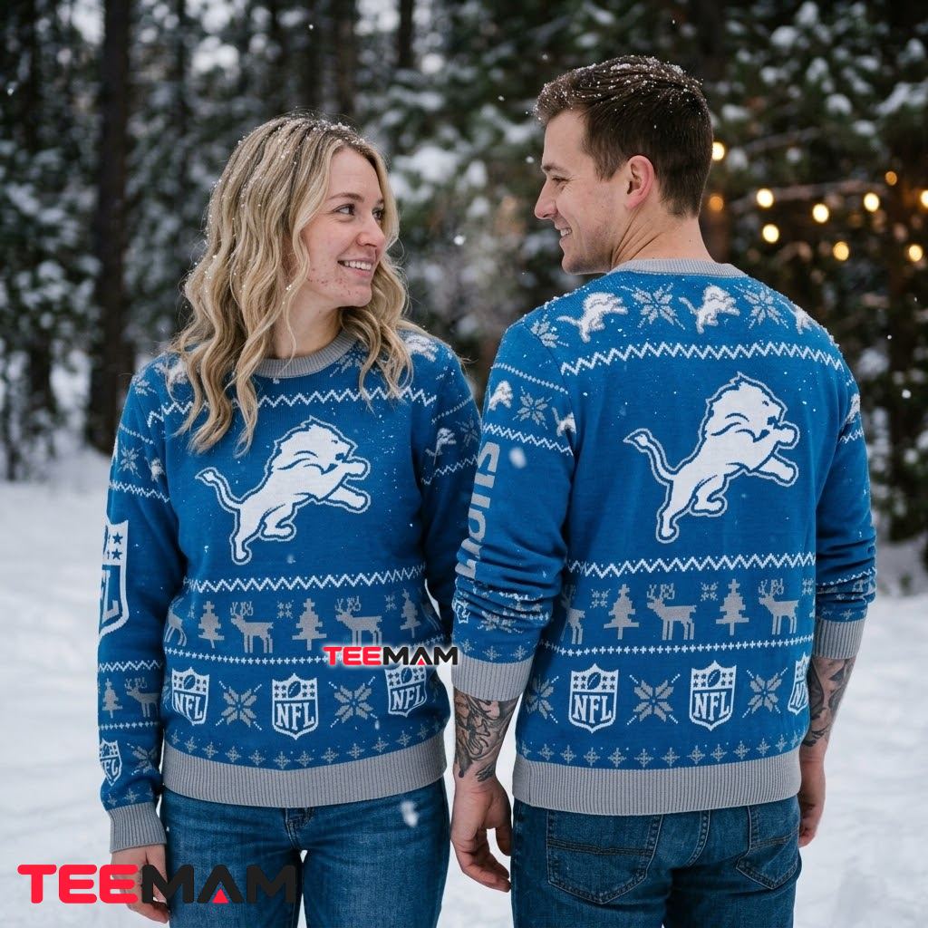 Detroit Lions Ugly Christmas Sweater Lion Logo Reindeer NFL Shield Back Detroit Lions Ugly Christmas Sweater Lion Logo Reindeer NFL Shield Back