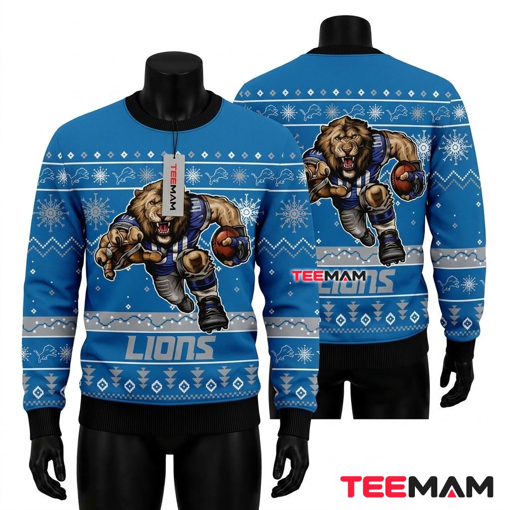 Detroit Lions Ugly Christmas Sweater Lion Mascot Football Player Front