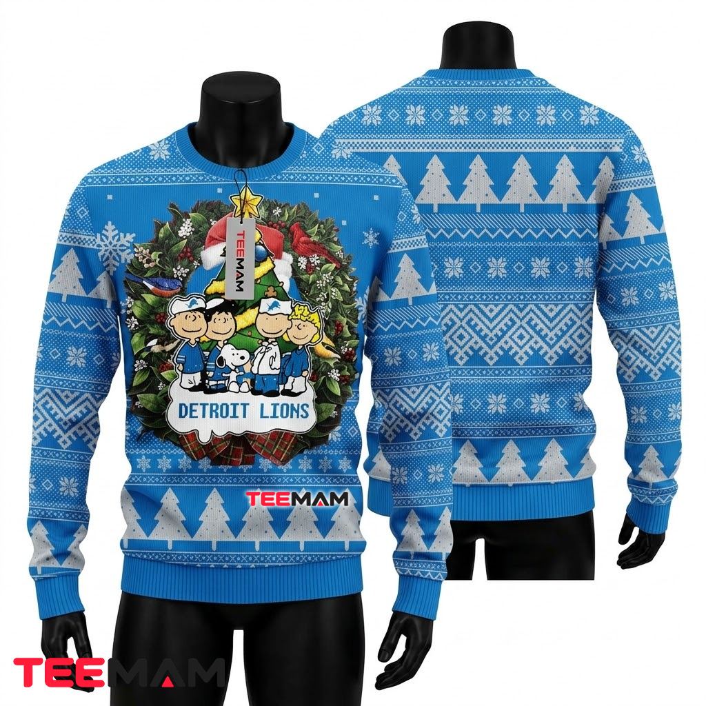 Detroit Lions Ugly Christmas Sweater Peanuts Characters Christmas Wreath Front