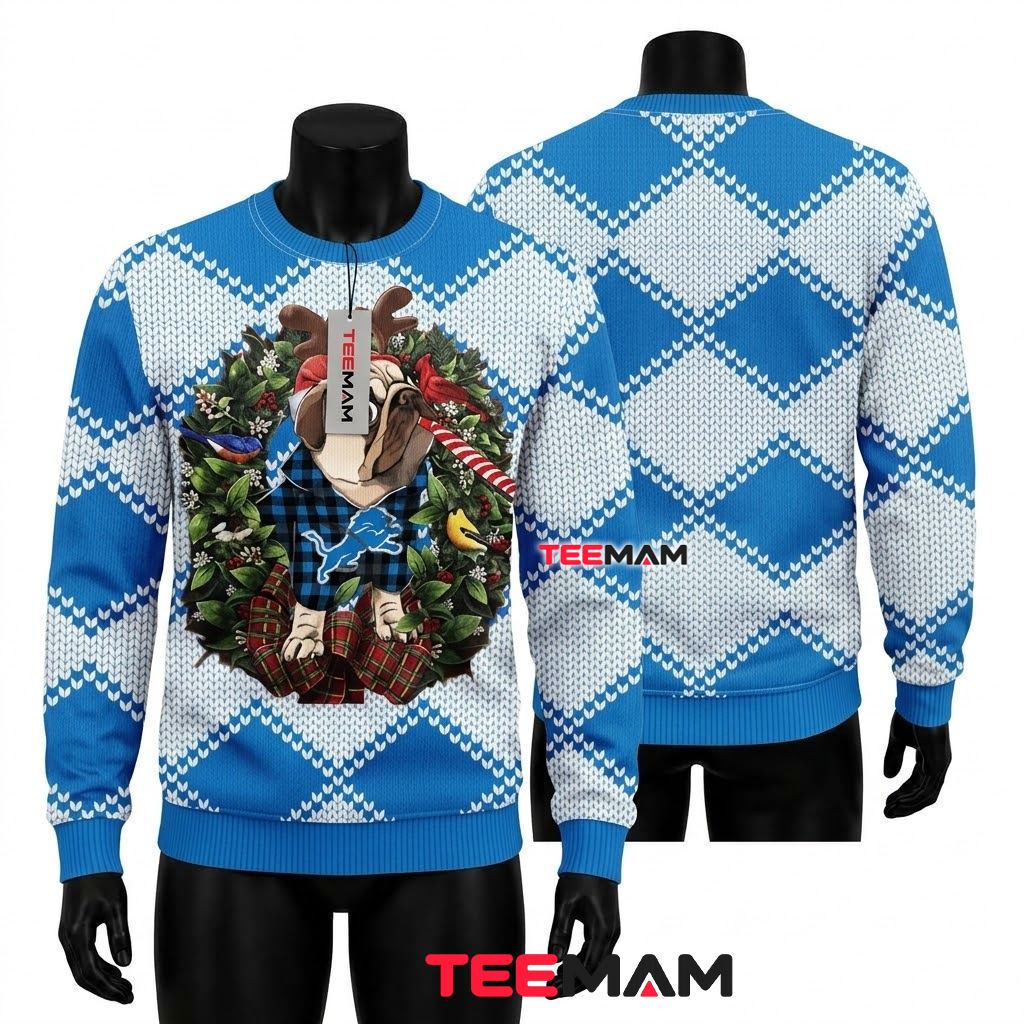 Detroit Lions Ugly Christmas Sweater Pug Reindeer Antlers Christmas Wreath Front