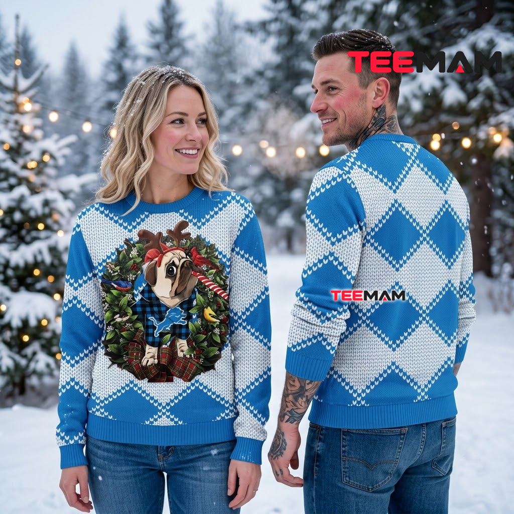 Detroit Lions Ugly Christmas Sweater Pug Reindeer Antlers Christmas Wreath Back Detroit Lions Ugly Christmas Sweater Pug Reindeer Antlers Christmas Wreath Back