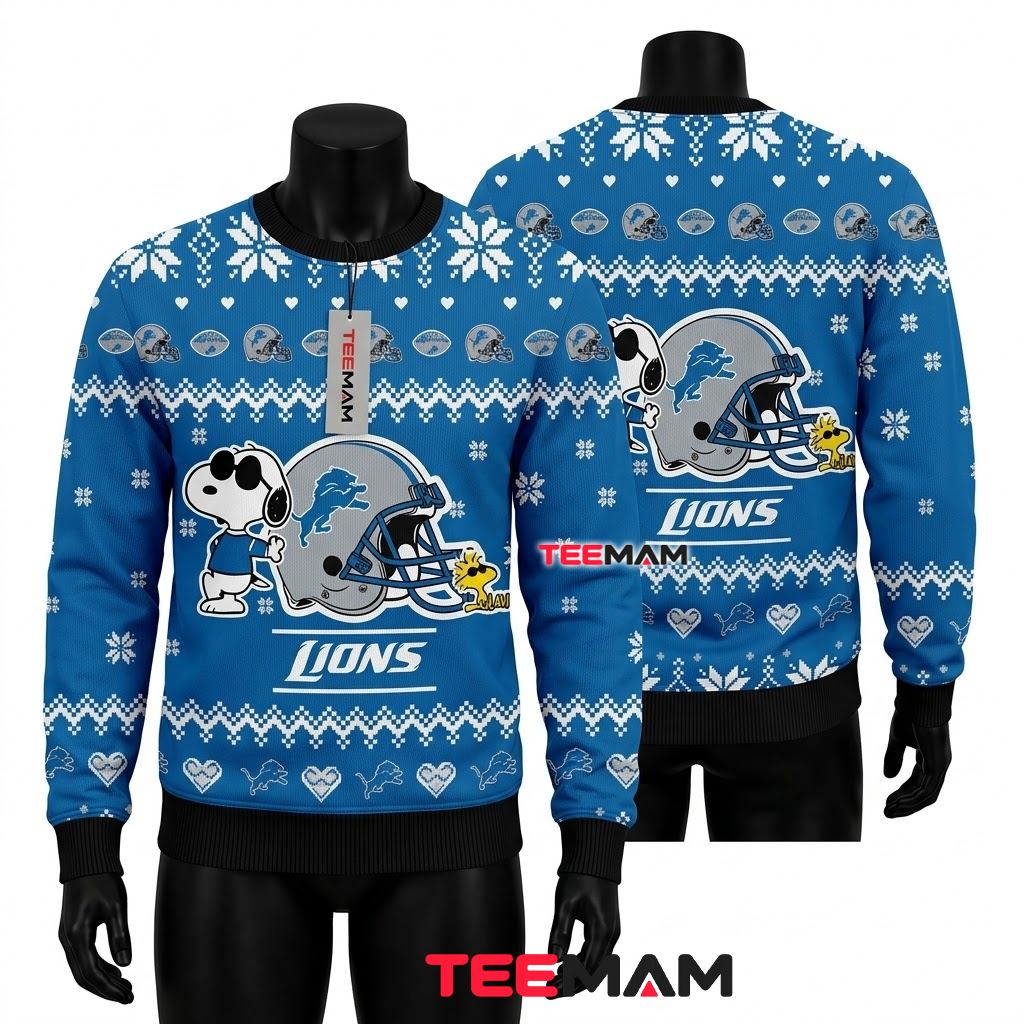 Detroit Lions Ugly Christmas Sweater Snoopy Joe Cool Woodstock Helmet Front