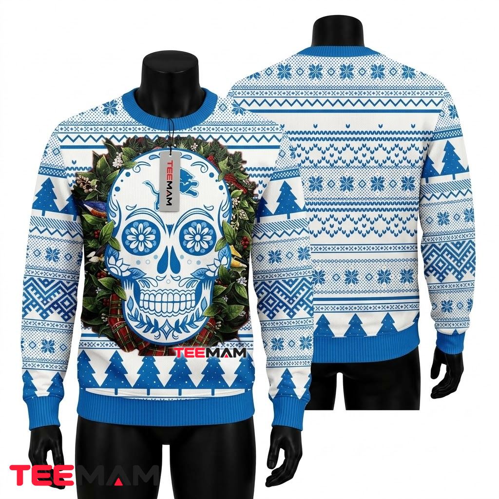 Detroit Lions Ugly Christmas Sweater Sugar Skull Christmas Wreath Front
