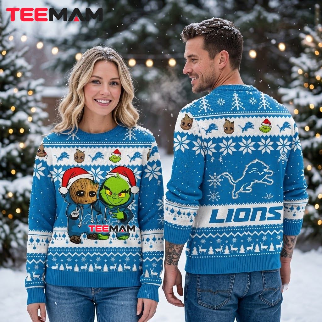 Detroit Lions Ugly Sweater Christmas Baby Groot Grinch Santa Hat
