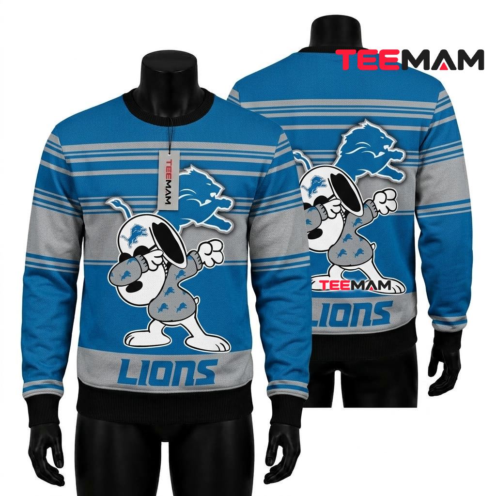 Detroit Lions Ugly Sweater Christmas Dabbing Snoopy Striped Front